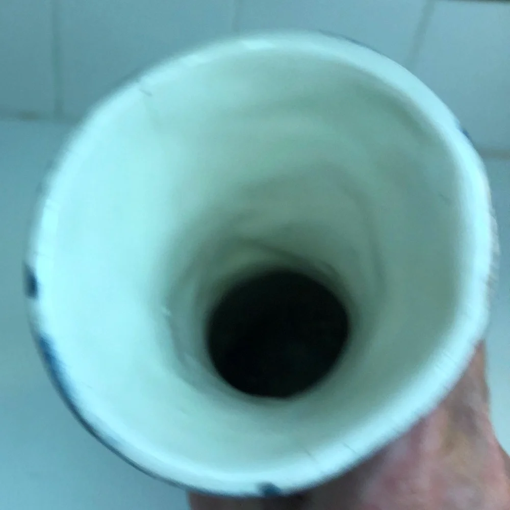 BLUE CERAMIC HANDMADE VASE • RED/GOLD/NAVY ACCENTS • 9.75” x 3”